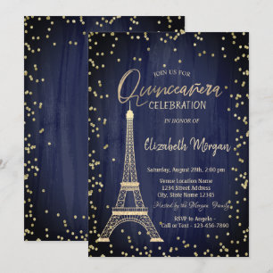 Convites Torre Eiffel Dourada Diamantes Azul Marinho Quince