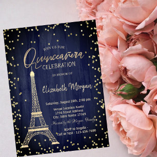 Convites Torre Eiffel Dourada Diamantes Azul Marinho Quince
