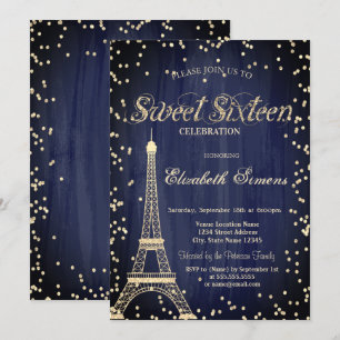 Convites Torre Eiffel Dourada Diamantes Azul Marinho Sweet