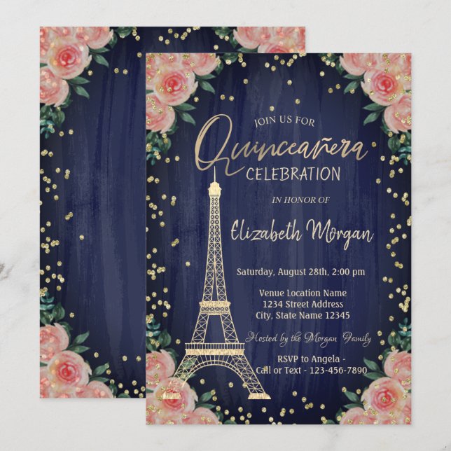 Convites Torre Eiffel Dourada Diamantes Flores Quinceañera (Frente/Verso)
