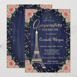 Convites Torre Eiffel Dourada Diamantes Flores Quinceañera