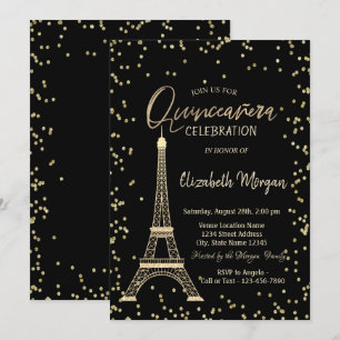 Convites Torre Eiffel Dourada Diamantes Quinceanera Preta