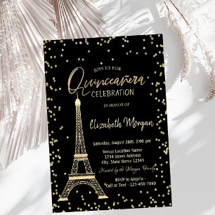 Convites Torre Eiffel Dourada Diamantes Quinceanera Preta