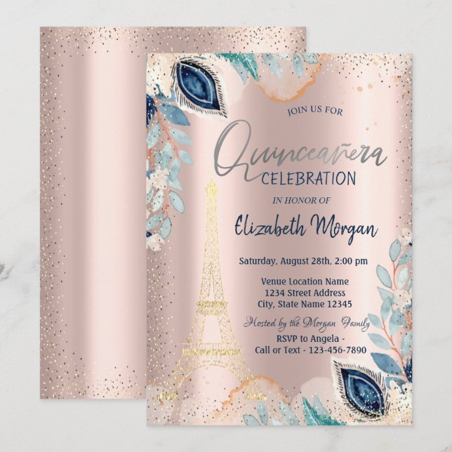 Convites Torre Eiffel Dourada,Flores,Quinceañera Rosa Doura (Frente/Verso)