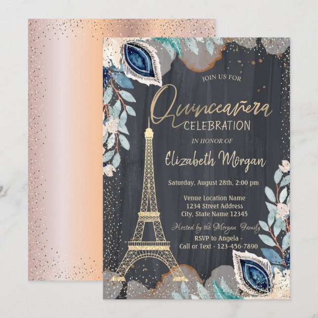 Convites Torre Eiffel Dourada,Flores, Quinze Anos Rose Gold (Frente/Verso)