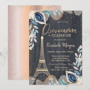 Convites Torre Eiffel Dourada,Flores, Quinze Anos Rose Gold
