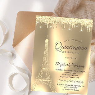 Convites Torre Eiffel Dourada, Quinceañera Chic com Pingos