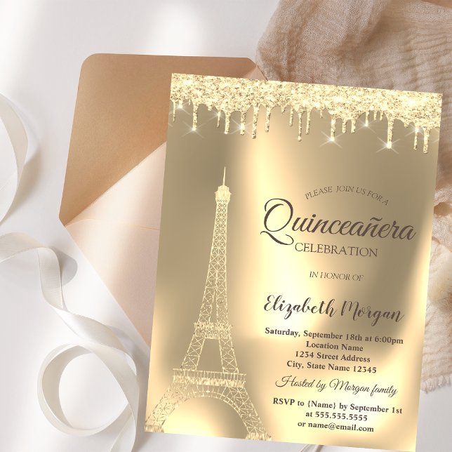 Convites Torre Eiffel Dourada, Quinceañera Chic com Pingos (Criador carregado)