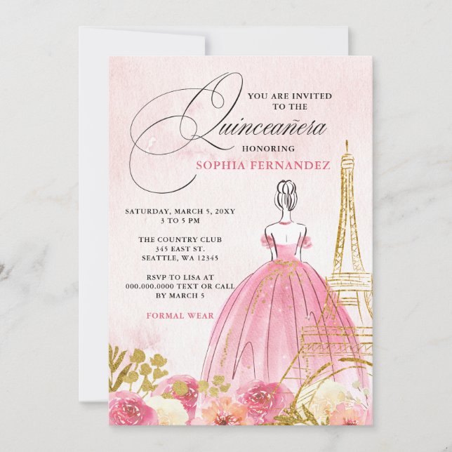 Convites Torre Eiffel Dourada Rosa Blush Paris Quinceañera (Frente)