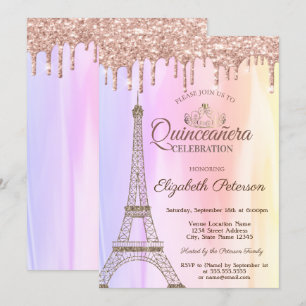 Convites Torre Eiffel, Drips Rosa Dourado Ombre Quinceañera