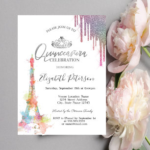 Convites Torre Eiffel em aquarela, Quinceañera com gotas co