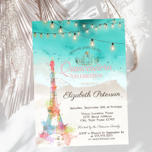 Convites Torre Eiffel em aquarela, Quinceañera na Praia Tia
