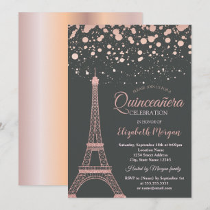 Convites Torre Eiffel em brilho dourado-rosado, Pontos Quin
