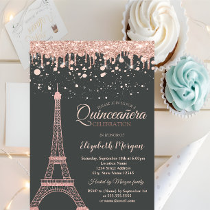 Convites Torre Eiffel em Rosa Dourado, Gotas Pontos Quincea