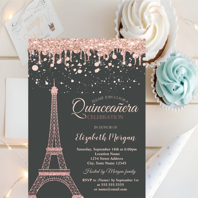 Convites Torre Eiffel em Rosa Dourado, Gotas Pontos Quincea (Criador carregado)