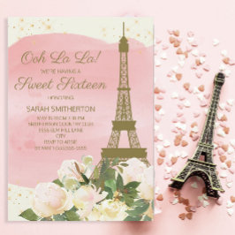 Convites Torre Eiffel em Rosa Elegante Ouro Dourado Paris S