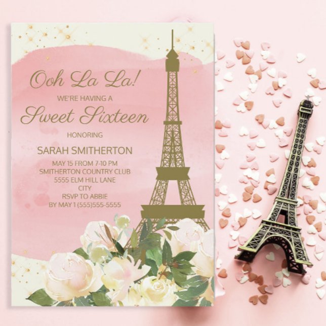 Convites Torre Eiffel em Rosa Elegante Ouro Dourado Paris S (Ooh La La! Paris/Eiffel Tower Sweet 16 invitation)