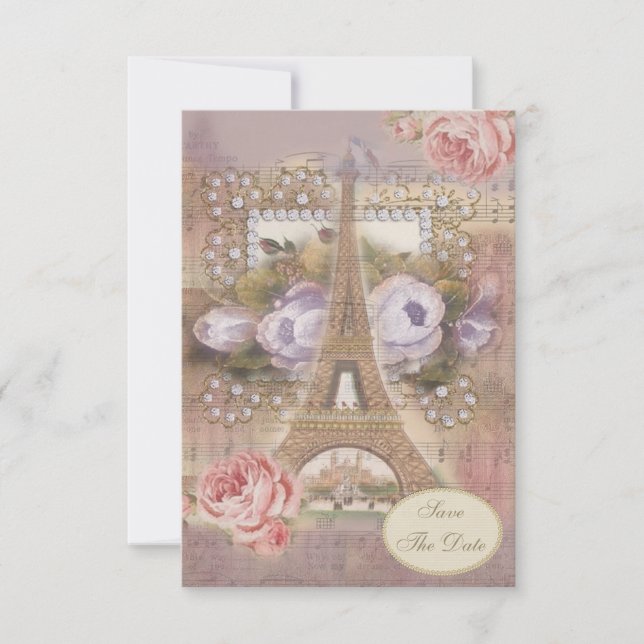Convites Torre Eiffel Floral Shabby Chic Salve a Data (Frente)