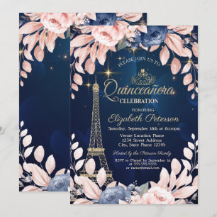 Convites Torre Eiffel,Flores Azuis,Quinceañera Azul Marinho