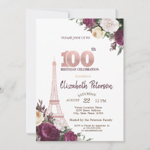Convites Torre Eiffel Flores Borgonha 100º Aniversário