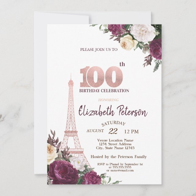 Convites Torre Eiffel Flores Borgonha 100º Aniversário (Frente)