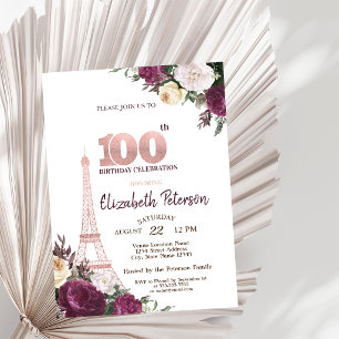 Convites Torre Eiffel Flores Borgonha 100º Aniversário