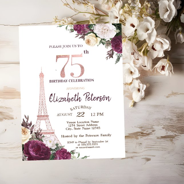 Convites Torre Eiffel Flores Borgonha 75º Aniversário (Criador carregado)
