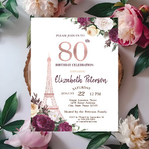 Convites Torre Eiffel Flores Borgonha 80º Aniversário