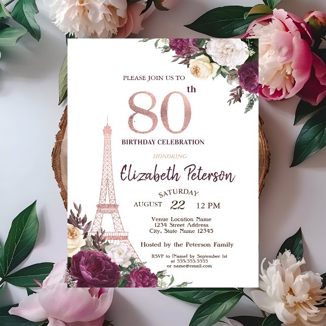 Convites Torre Eiffel Flores Borgonha 80º Aniversário (Criador carregado)