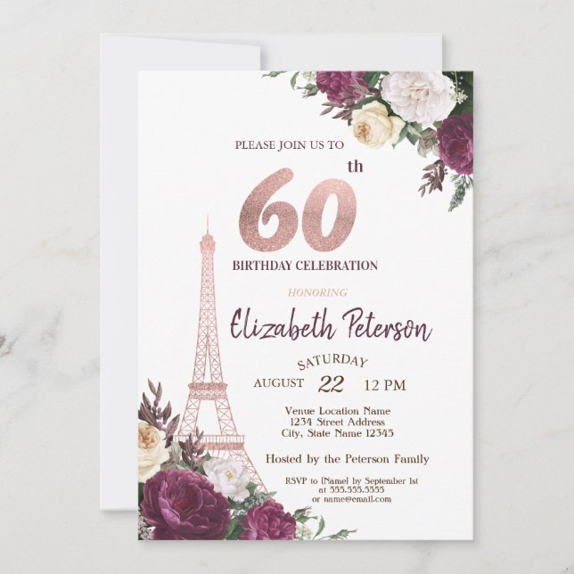 Convites Torre Eiffel Flores Borgonha Aniversário de 60 ano (Frente)