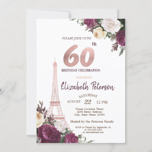 Convites Torre Eiffel Flores Borgonha Aniversário de 60 ano