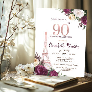 Convites Torre Eiffel Flores Borgonha Aniversário de 90 ano