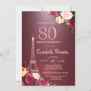 Convites Torre Eiffel Flores Borgonha Rosas Aniversário de 