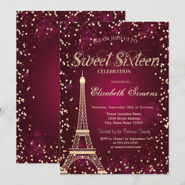 Convites Torre Eiffel Glitter Dourado Diamantes Vermelho Do (Frente/Verso)