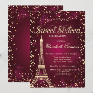 Convites Torre Eiffel Glitter Dourado Diamantes Vermelho Do