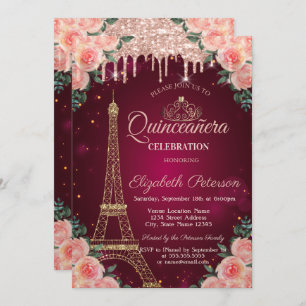 Convites Torre Eiffel Glitter Gira Quinceañera Floral