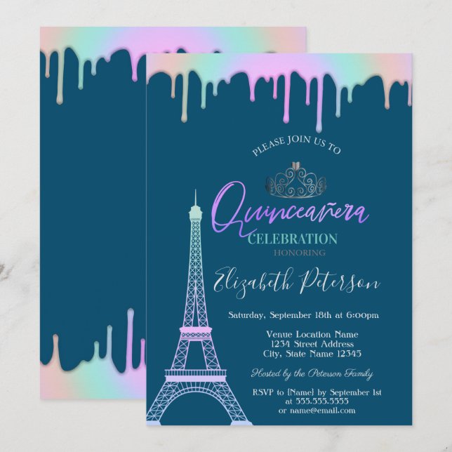 Convites Torre Eiffel, Gotas de Arco-íris Azul Quinceañera (Frente/Verso)
