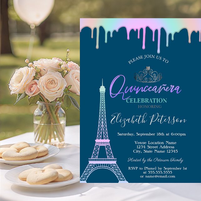 Convites Torre Eiffel, Gotas de Arco-íris Azul Quinceañera (Criador carregado)
