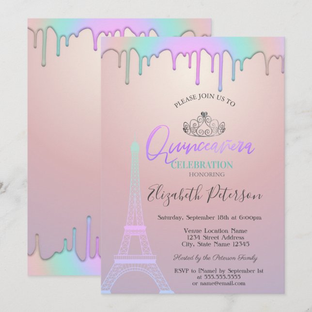 Convites Torre Eiffel, Gotas de Arco-íris Quinceañera (Frente/Verso)