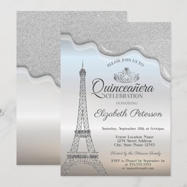 Convites Torre Eiffel, Gotas de Prata Quinceañera (Frente/Verso)