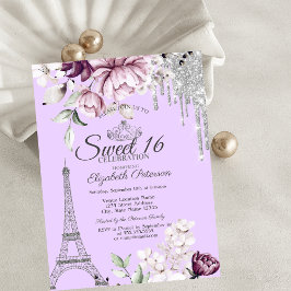 Convites  Torre Eiffel, Gotas, Flores de Lilás Sweet 16  