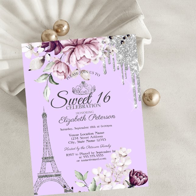 Convites  Torre Eiffel, Gotas, Flores de Lilás Sweet 16   (Criador carregado)