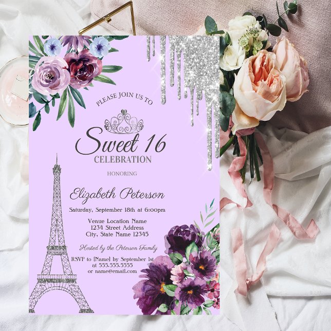 Convites Torre Eiffel, Gotas, Flores Roxas Sweet 16 (Criador carregado)