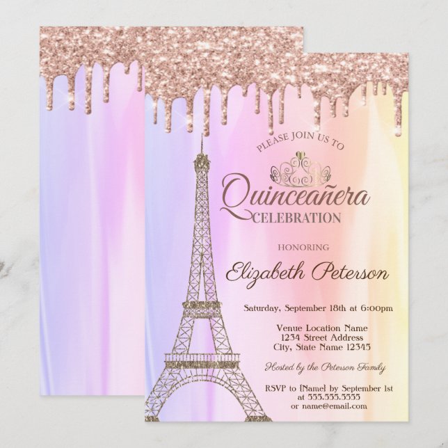 Convites Torre Eiffel, Gotejamento de Ouro Rosa Quinceañera (Frente/Verso)