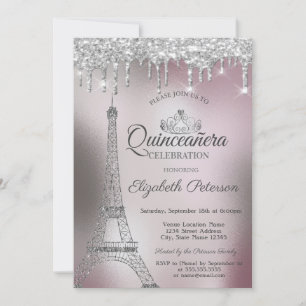 Convites Torre Eiffel, gotejamento metálico rosa dourado Qu