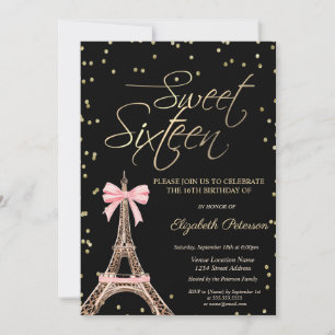 Convites Torre Eiffel Laço Dourado Diamantes Preto Doze Ano