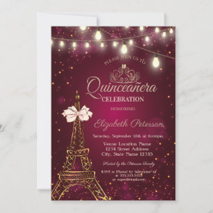 Convites Torre Eiffel, Laço, Luzes de Tiara Vermelhas Quinc