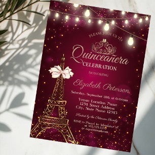 Convites Torre Eiffel, Laço, Luzes de Tiara Vermelhas Quinc