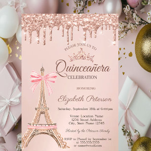 Convites Torre Eiffel, Laço Rosa Dourado Gotejante Quinceañ