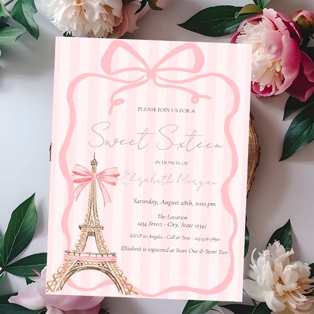 Convites Torre Eiffel Laço Rosa Listras Rosadas Sweet 16 (Criador carregado)